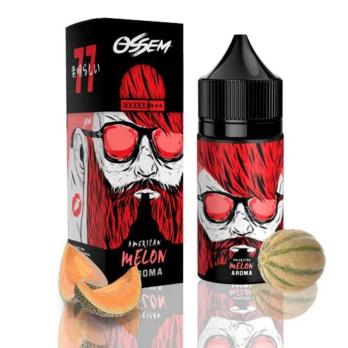 Frasco y caja de Ossem American Melon con ilustración de un hombre con barba roja y gafas, acompañados de melón entero y cortado.