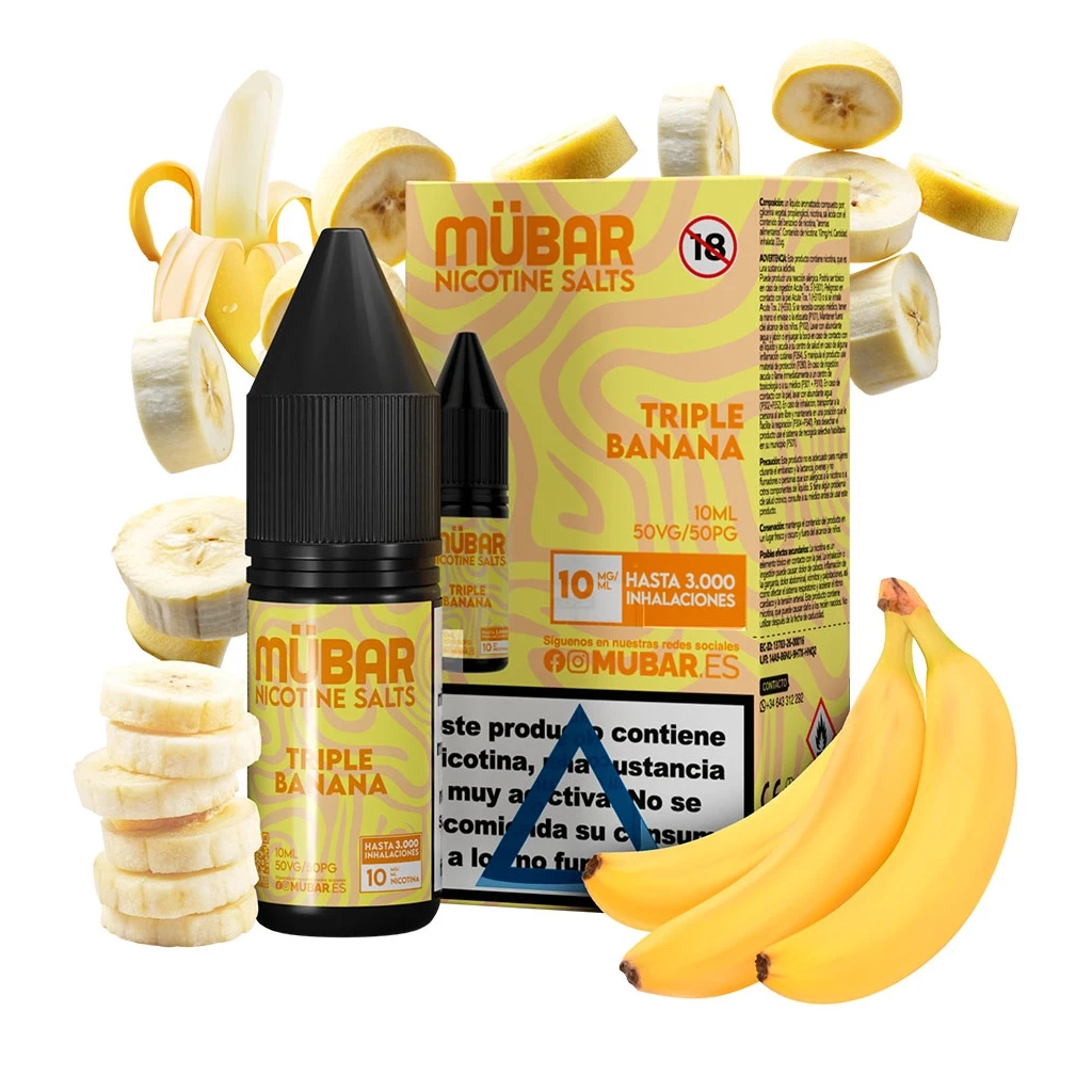 Frasco y caja amarillos de sales de nicotina Mübar Triple Banana, rodeados de plátanos enteros y en rodajas, con advertencia de nicotina.
