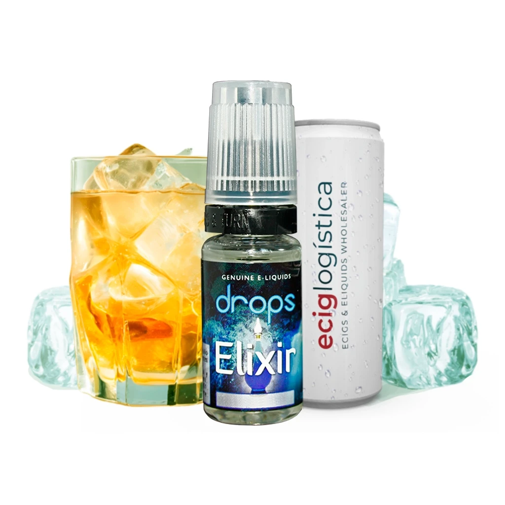 Frasco Drops Elixir con tapón translúcido, junto a un vaso de bebida dorada con hielo, un envase cilíndrico blanco y cubitos.