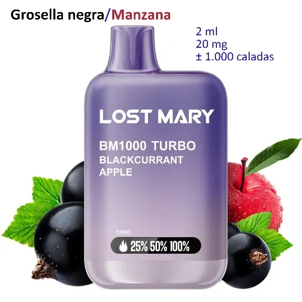 Vaper morado Lost Mary BM1000 TURBO Blackcurrant Apple, con indicación de 20 mg, rodeado de grosellas negras y una manzana roja.