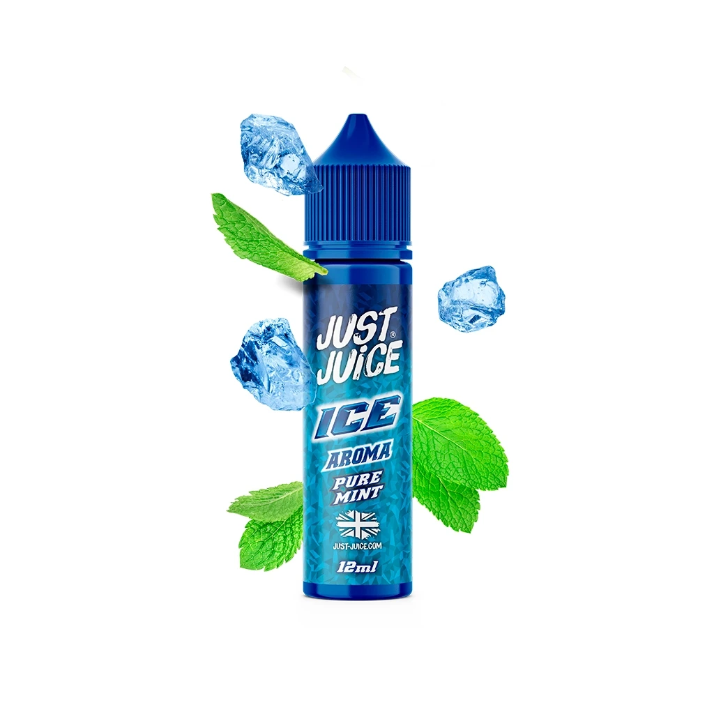 Frasco azul de Just Juice Ice Pure Mint de 12 ml, con tapón azul, rodeado de hojas de menta y cubitos de hielo sobre fondo blanco.