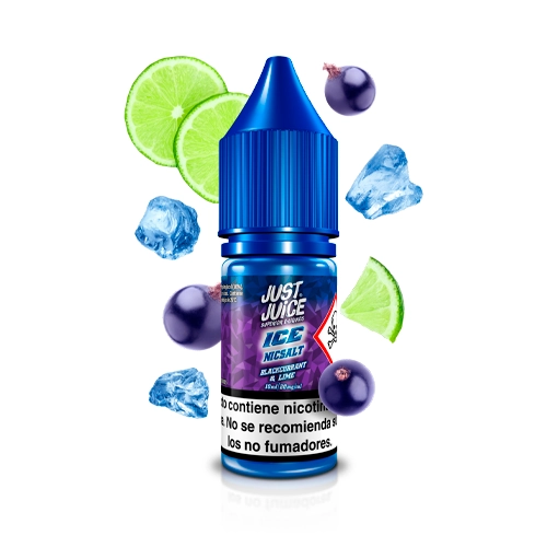 Frasco azul de Just Juice Ice Nic Salts Blackcurrant Lime, rodeado de rodajas de lima, grosellas negras y trozos de hielo.
