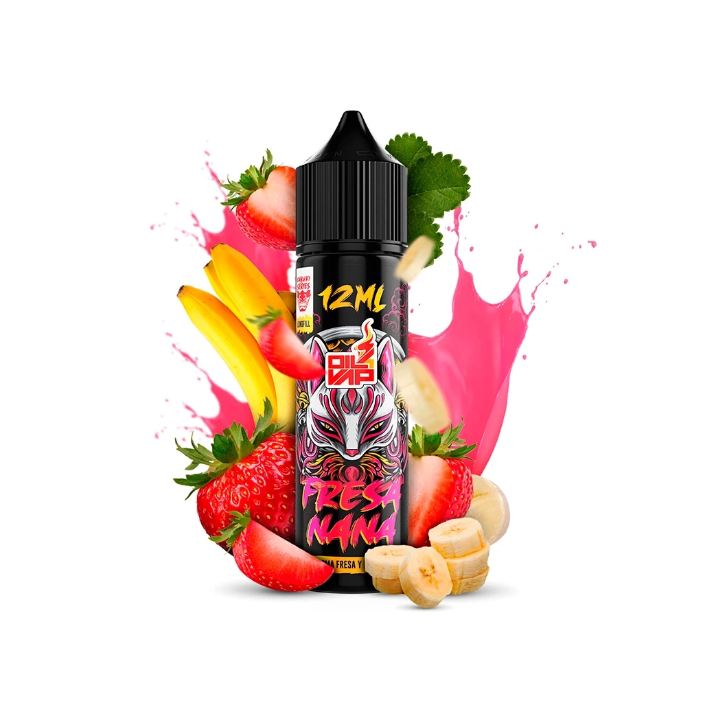 Frasco Oil4vap Kabuki Fresanana de 12 ml con tapón negro y máscara ilustrada, rodeado de fresas, plátanos y salpicaduras rosas.