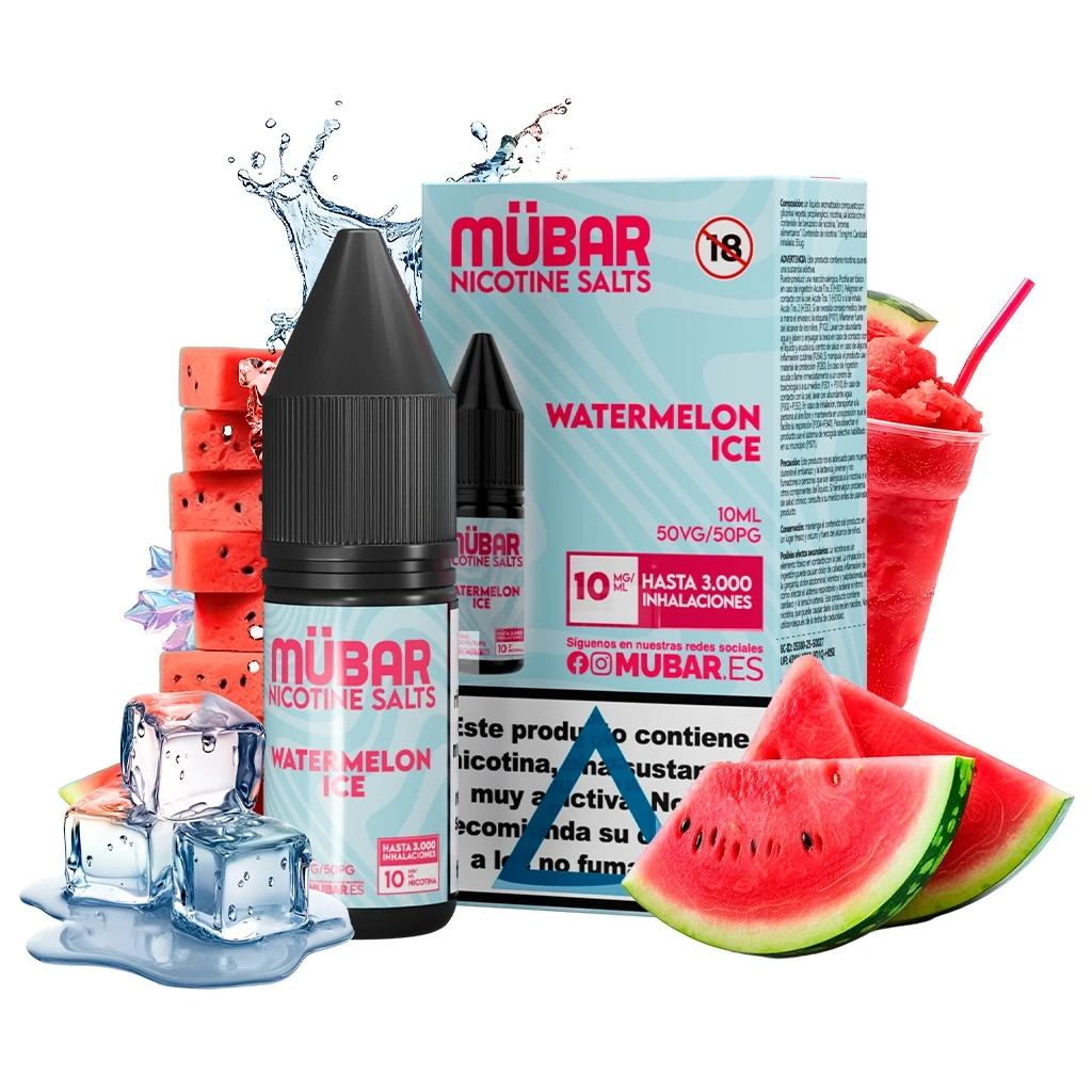 Botes y caja de Mübar Salts Watermelon Ice con indicaciones de 10 ml y 10 mg/ml, rodeados de sandía, cubitos de hielo y un granizado rojo.