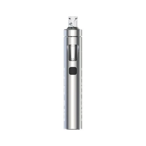 Joyetech eGo AIO Simple de cuerpo plateado, con botón negro, ventana frontal y boquilla transparente, sobre fondo blanco.