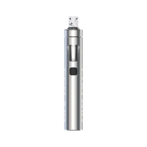 Joyetech eGo AIO Simple de cuerpo plateado, con botón negro, ventana frontal y boquilla transparente, sobre fondo blanco.
