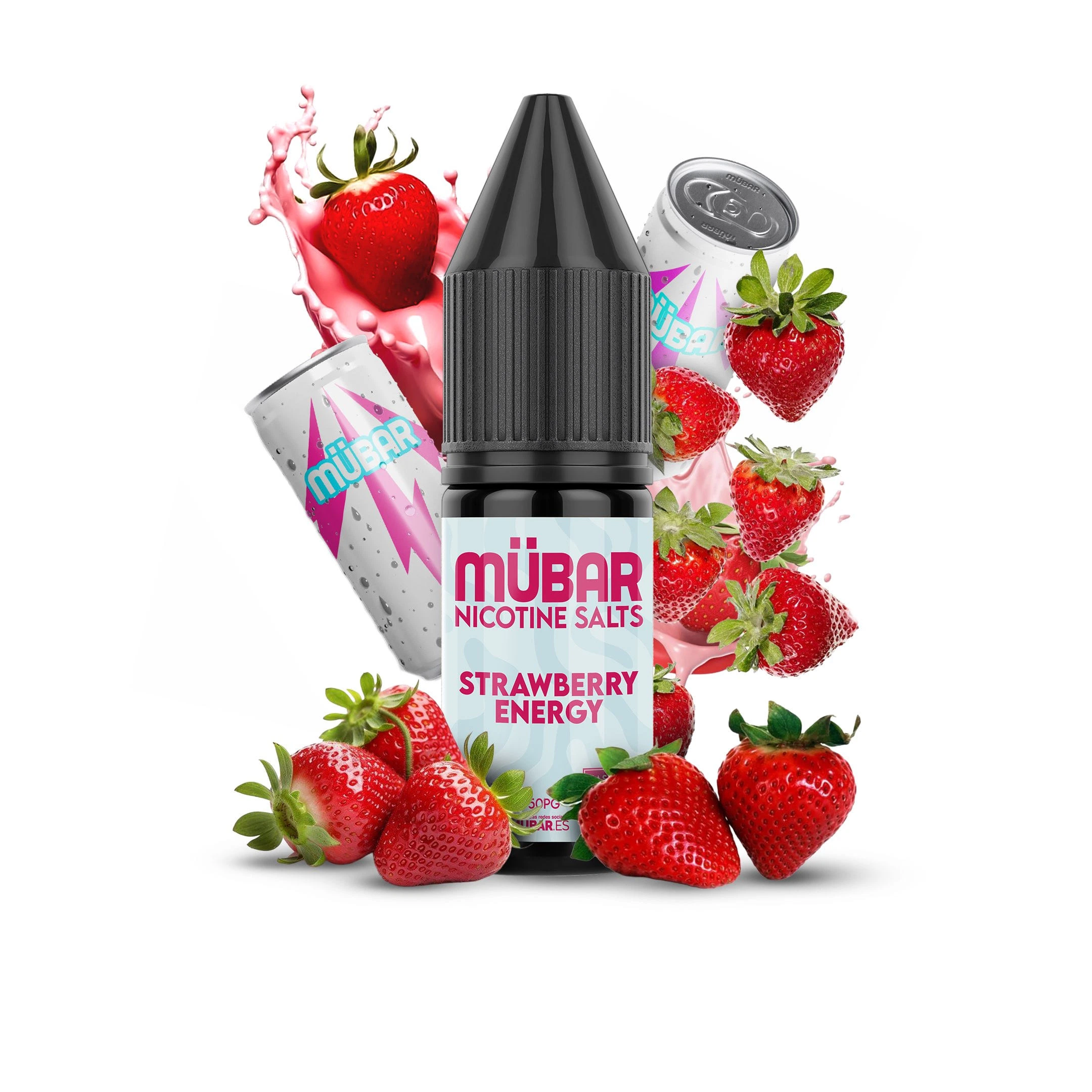 Frasco de MÜBAR Nicotine Salts Strawberry Energy con tapón negro, rodeado de fresas, latas ilustradas y salpicaduras rosas.
