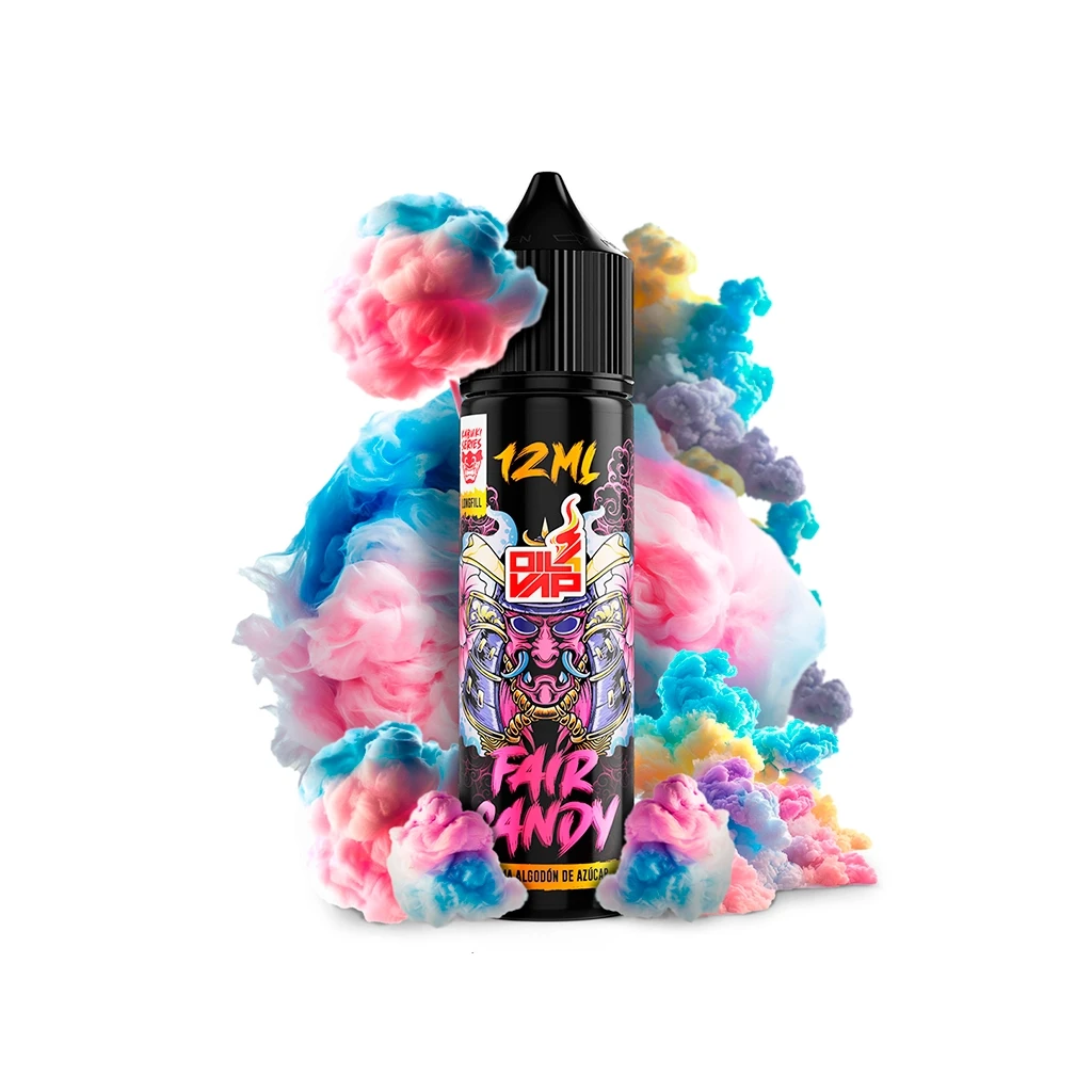 Frasco negro de Oil4vap Fair Candy con figura de samurái y texto 12 ml, rodeado de nubes rosas, azules y amarillas.