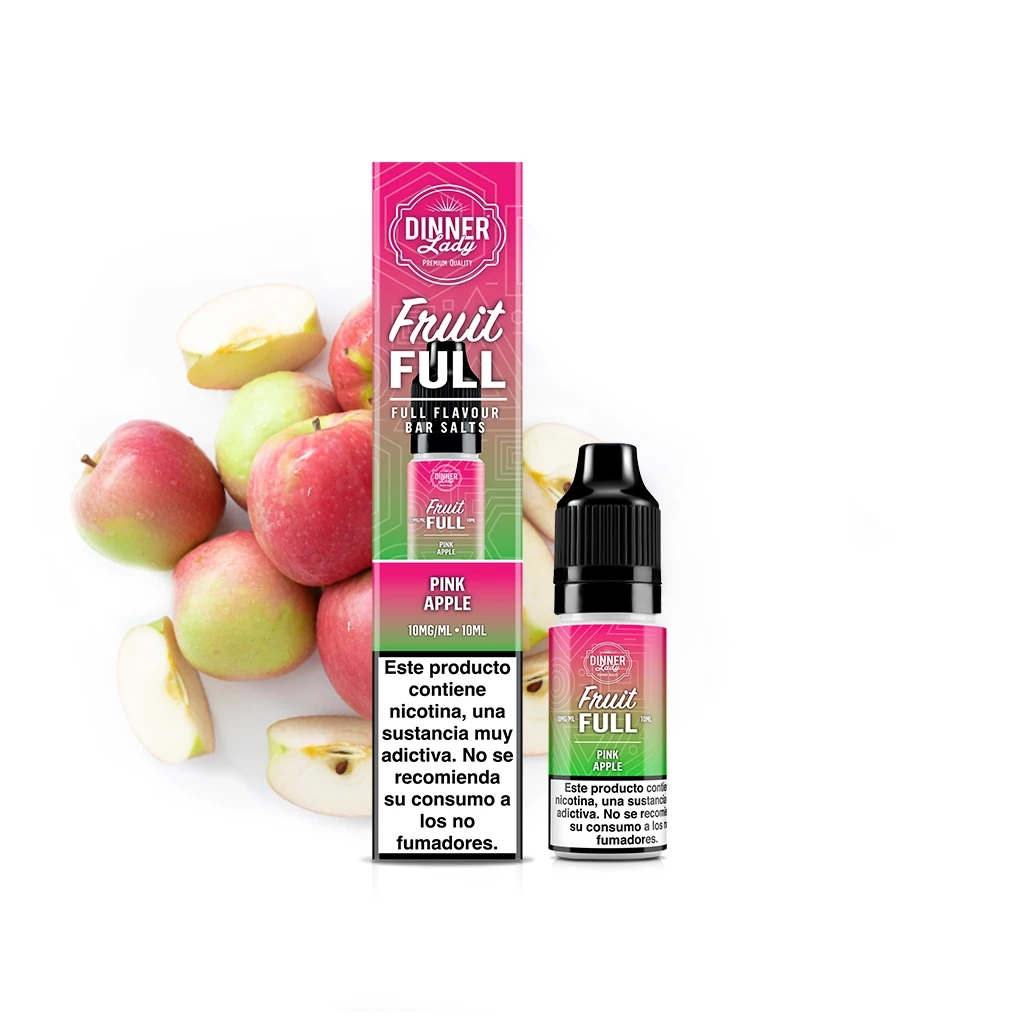 Frasco y caja de Dinner Lady Fruit Full Pink Apple, en tonos rosa y verde, con manzanas enteras y cortadas al fondo.
