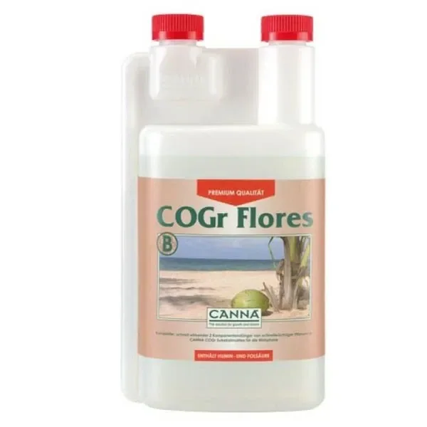 Envase de CANNA COGr Flores B con asa lateral, tapones rojos y etiqueta con una escena de playa sobre fondo blanco.