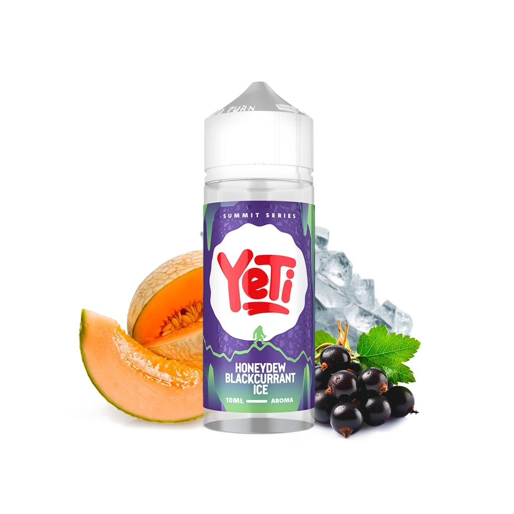 Bote Yeti Summit Series Honeydew Blackcurrant Ice con etiqueta morada, rodeado de melón, grosellas negras y cubitos de hielo.