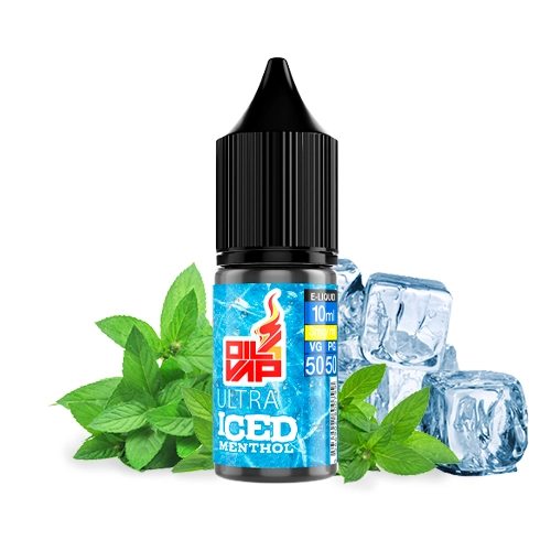 Frasco Oil4Vap Ultra Iced Menthol de 10 ml con tapón negro y etiqueta azul, acompañado de hojas de menta y cubitos de hielo.