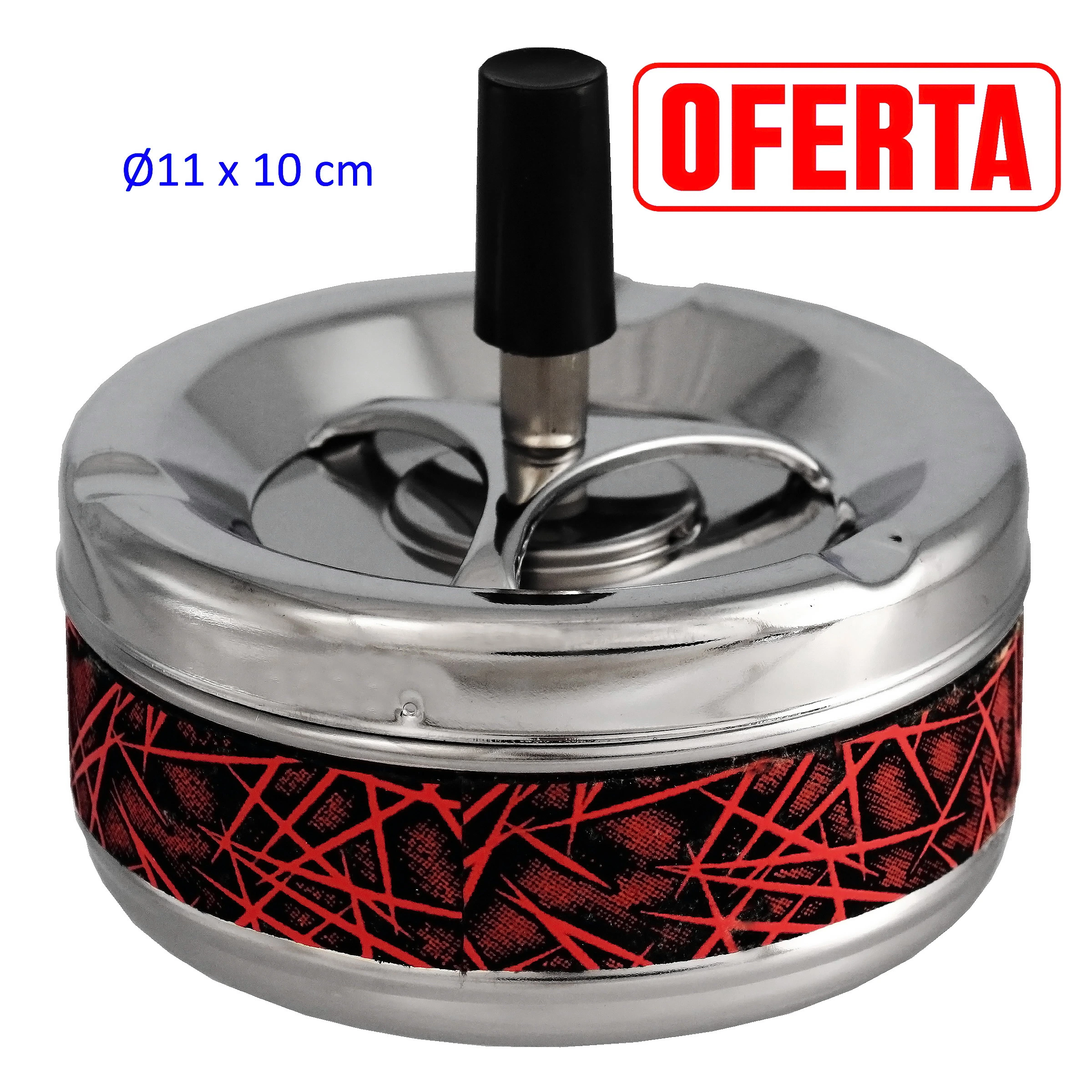 Cenicero automático de metal con tapa plateada, pulsador negro vertical y banda negra decorada con líneas rojas entrecruzadas.