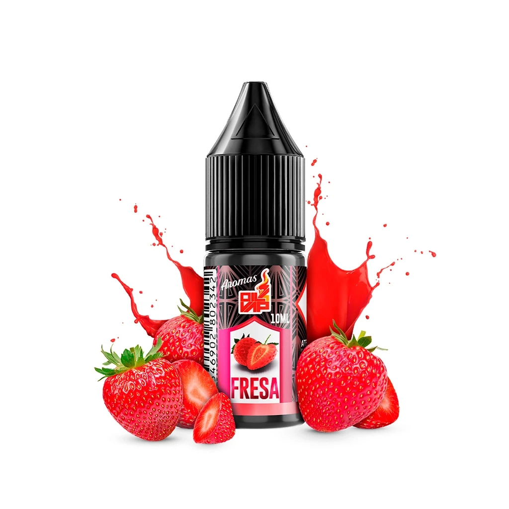 Frasco de aroma Fresa Oil4Vap de 10 ml con tapón negro, rodeado de fresas enteras y cortadas y una salpicadura roja.