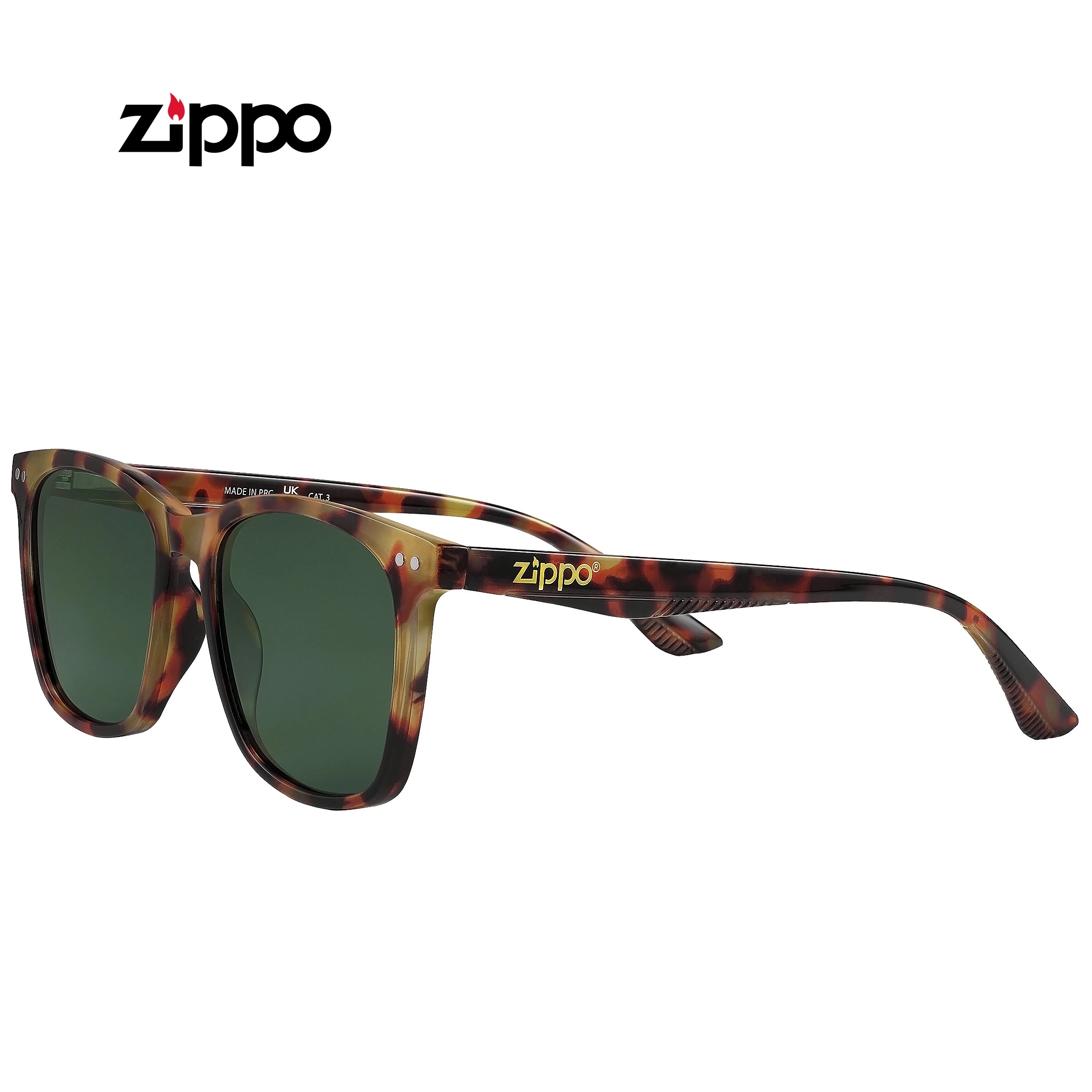 Gafas de sol Zippo OB230-3 con montura de estampado carey, lentes verdes y logotipo dorado en la patilla, vistas en perspectiva.