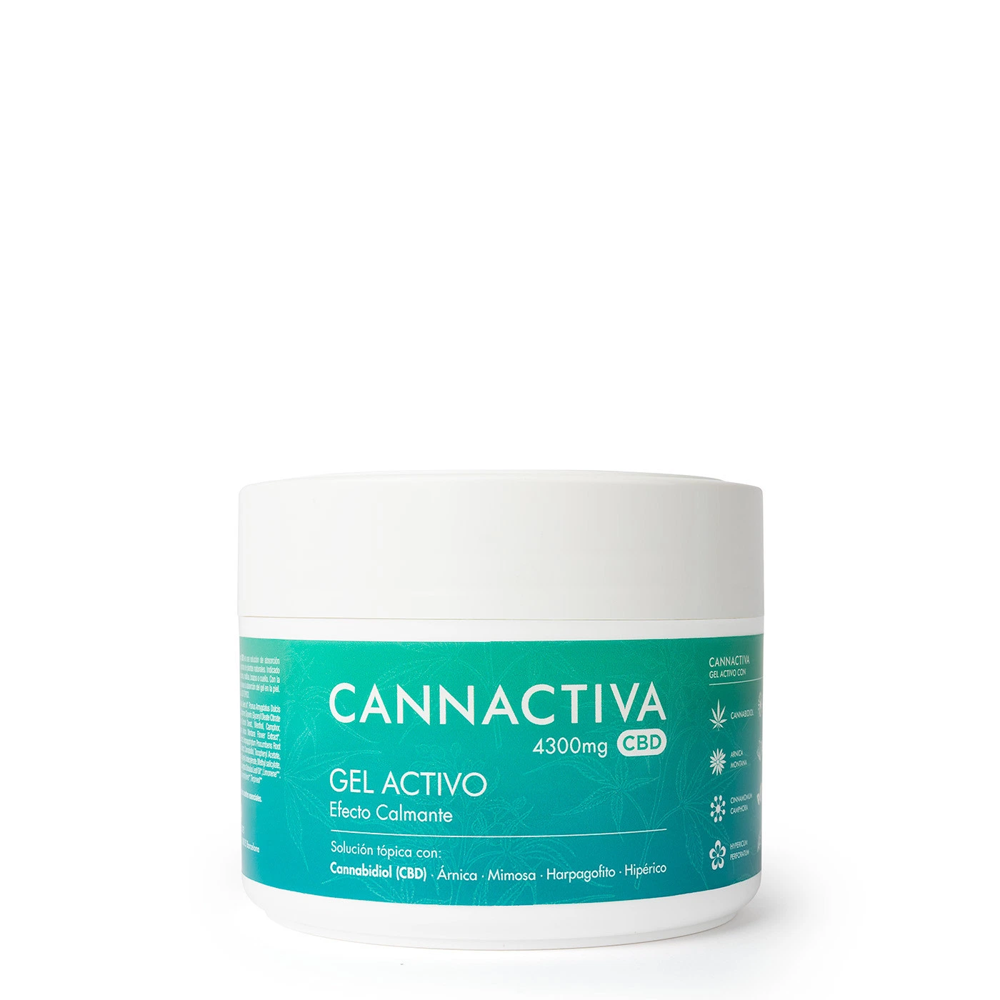 Tarro blanco de Cannactiva con etiqueta turquesa y los textos «Gel activo», «Efecto calmante» y «4300 mg CBD», sobre fondo blanco.