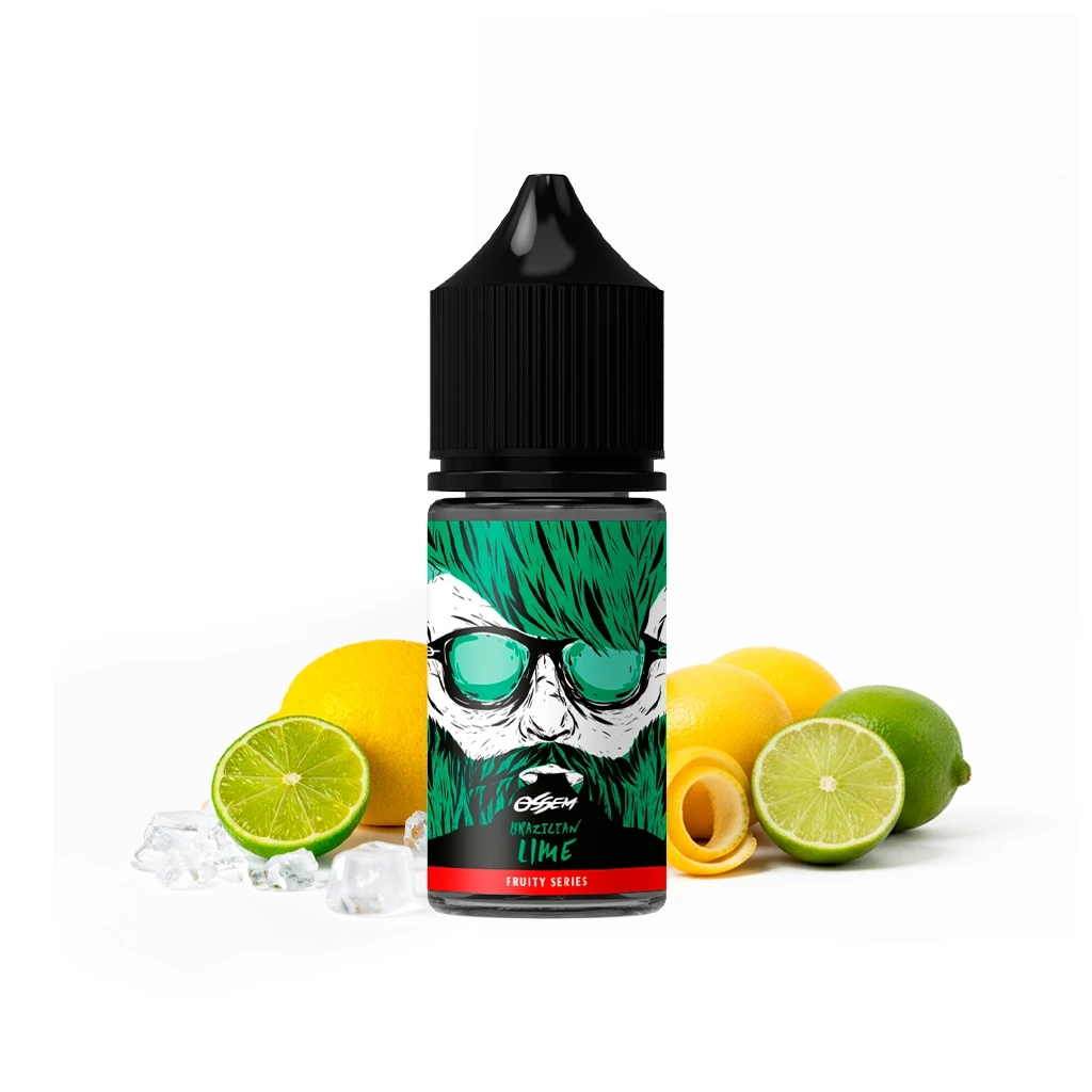 Frasco Ossem Brazilian Lime con tapón negro y etiqueta de rostro barbudo con gafas, rodeado de cítricos y cubitos de hielo.
