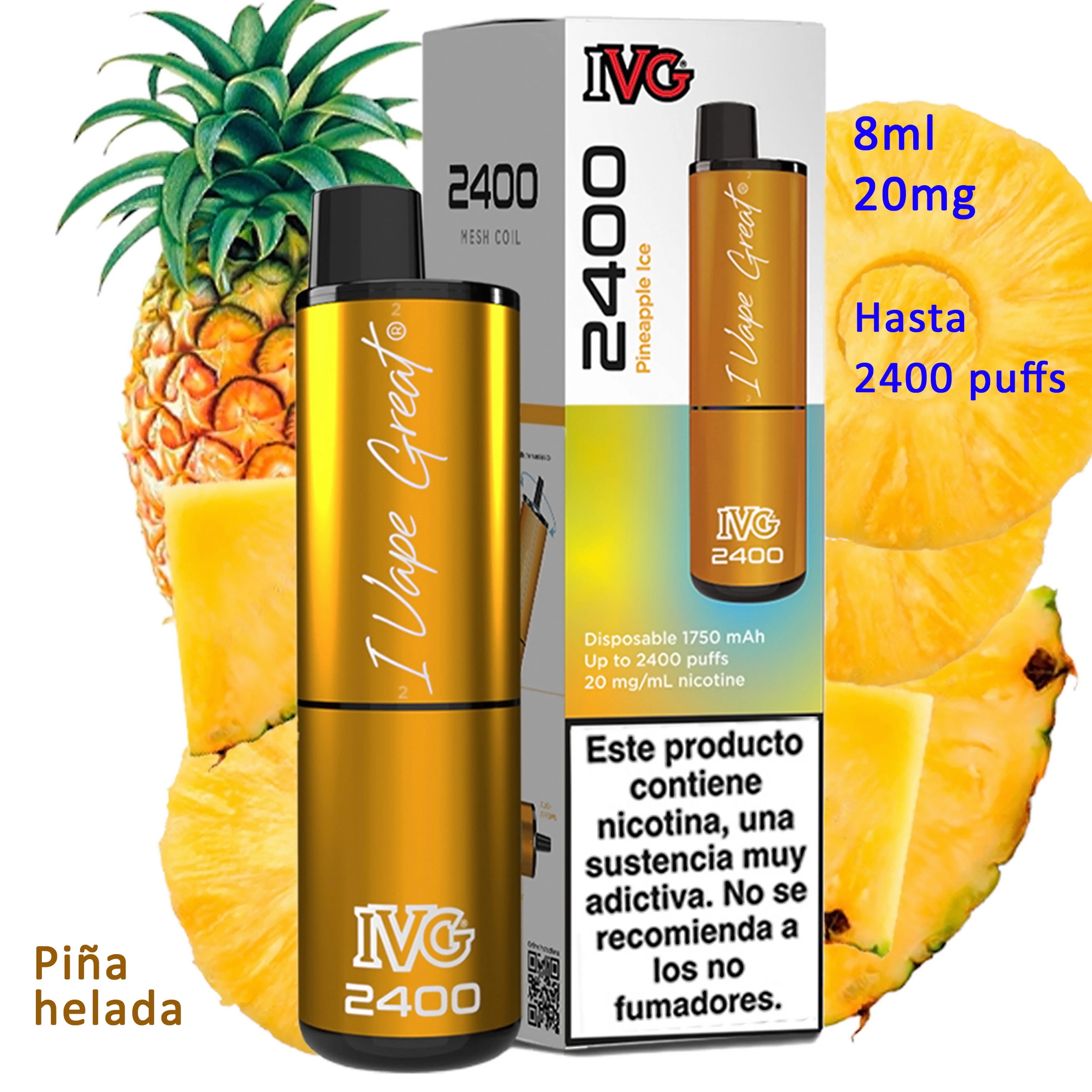 Vaper dorado IVG 2400 Pineapple Ice junto a su caja y piña, con textos de 8 ml, 20 mg y hasta 2400 puffs.