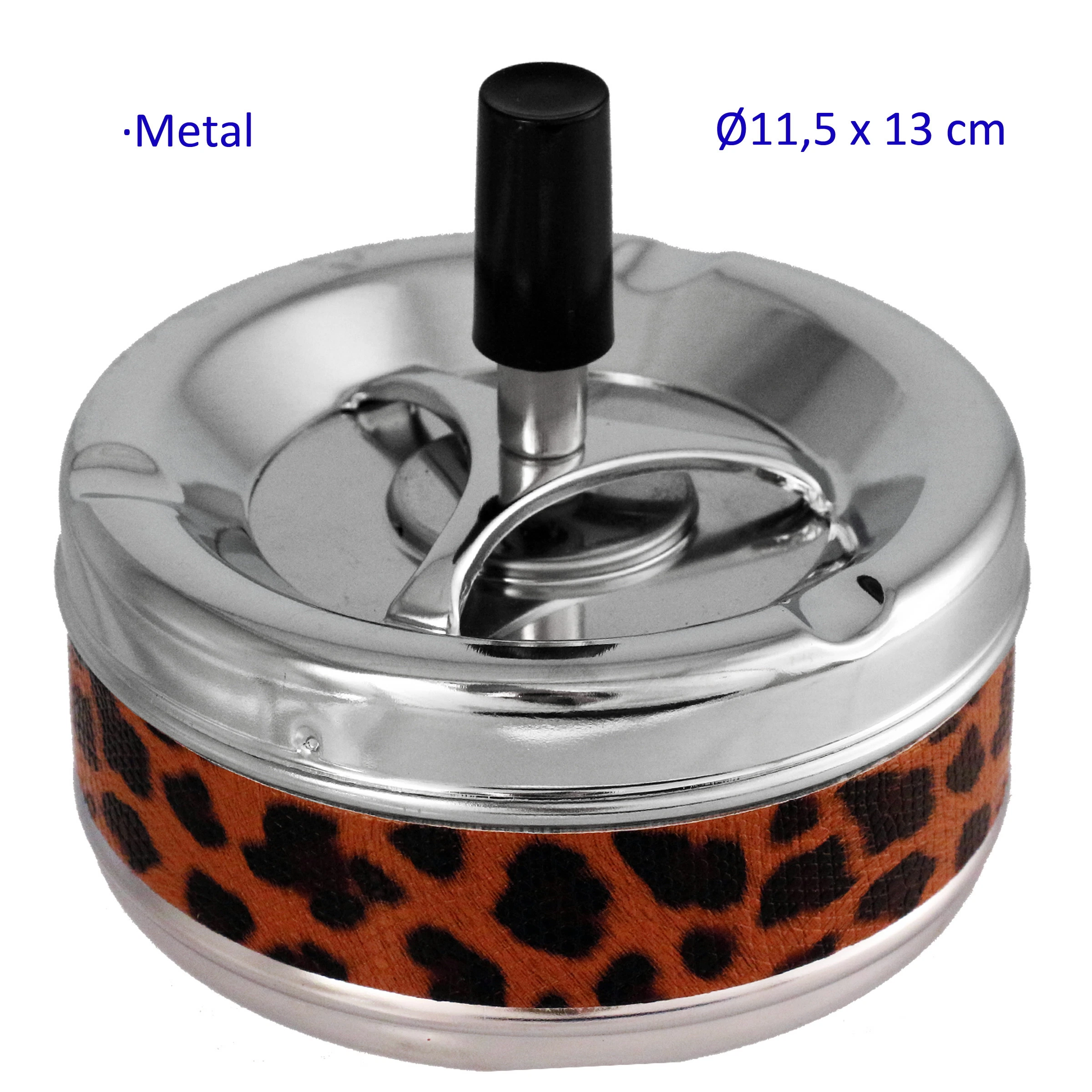 Cenicero automático redondo de metal brillante, con estampado de leopardo marrón y negro y pulsador central negro.
