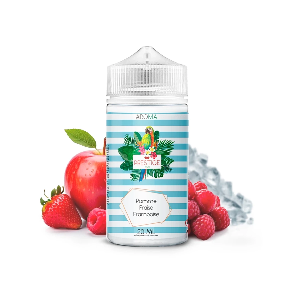 Bote Prestige Fruits Pomme Fraise Framboise con etiqueta de rayas turquesas, rodeado de manzana, fresa, frambuesas y hielo.