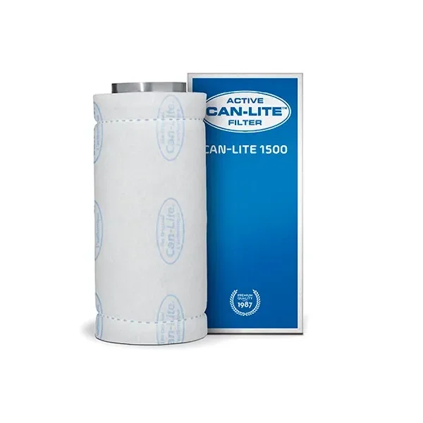 Filtro cilíndrico Can-Lite 1500 con funda blanca y boca metálica superior, junto a su caja azul con el nombre del modelo.