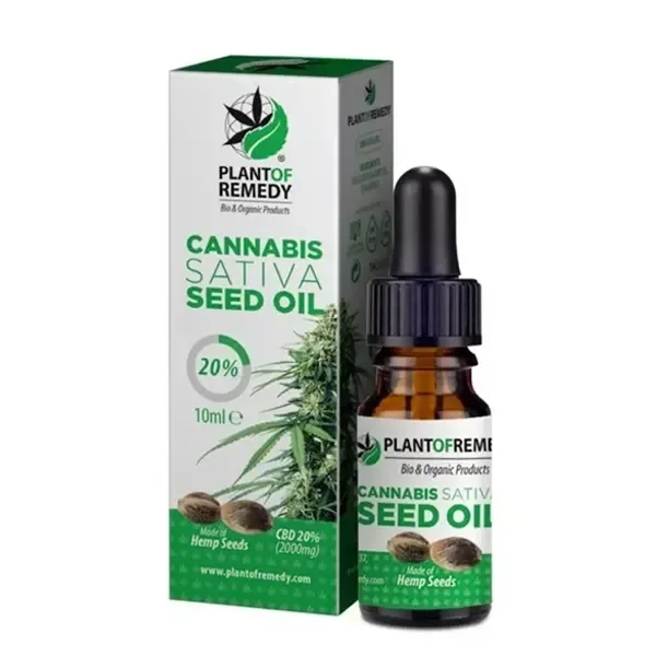 Aceite de CBD Plant of Remedy 20 % en frasco ámbar con cuentagotas, junto a su caja blanca y verde con ilustraciones de cáñamo.