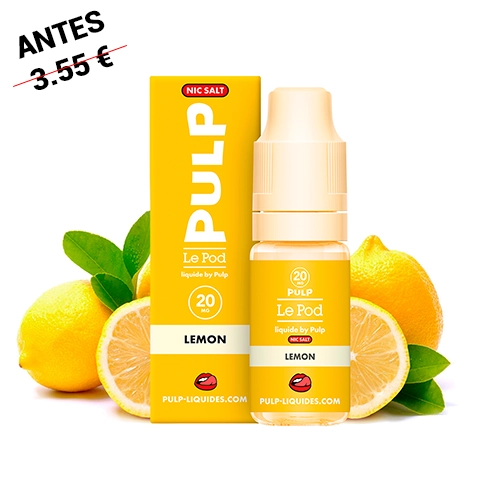 Frasco de líquido Pulp Le Pod Salts Lemon con tapón claro y caja amarilla, rodeado de limones enteros, rodajas y hojas verdes.