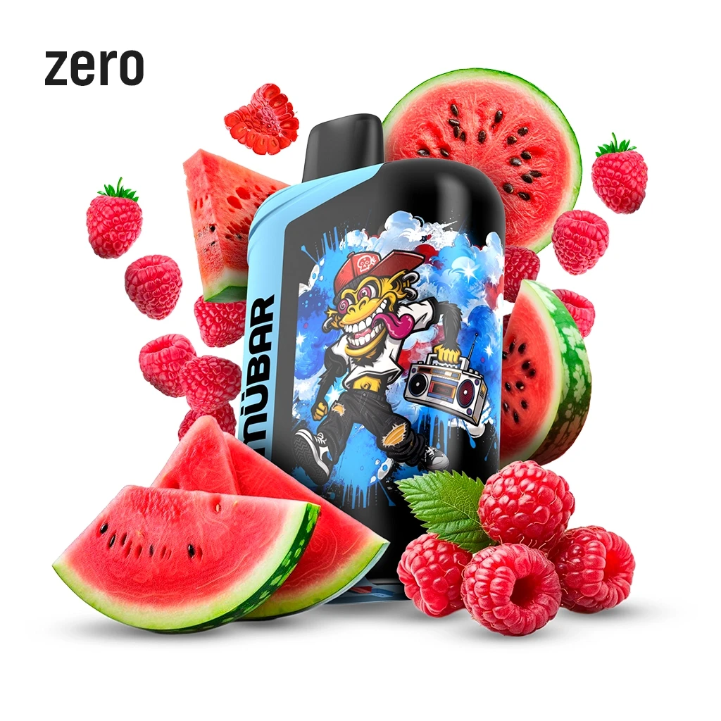 Vape Mübar negro y azul con un personaje de gorila y radiocasete, rodeado de sandía y frambuesas, con el texto «zero».