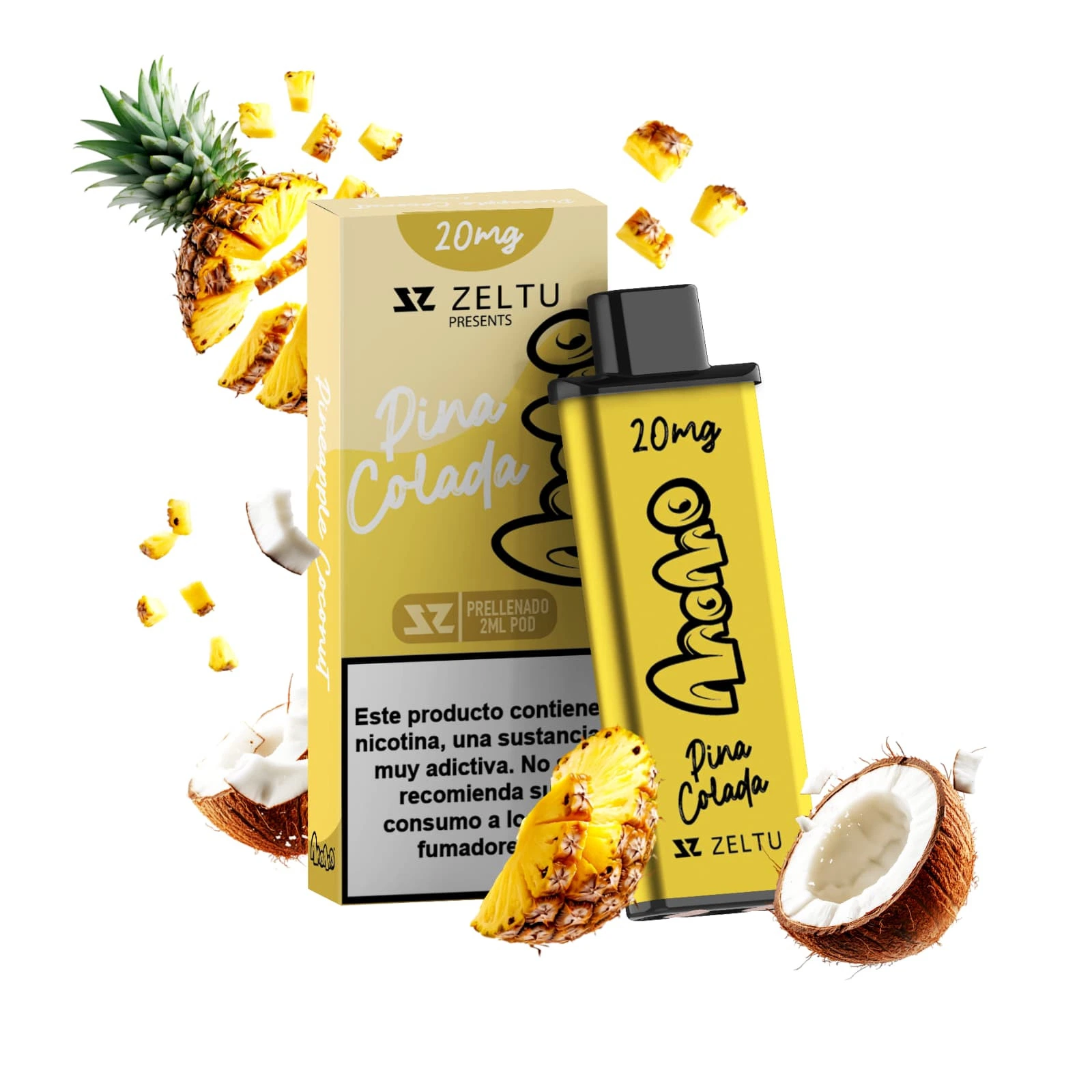 Pod amarillo Momo Piña Colada de Zeltu junto a su caja, con la indicación 20 mg, rodeado de trozos de piña y coco abierto.