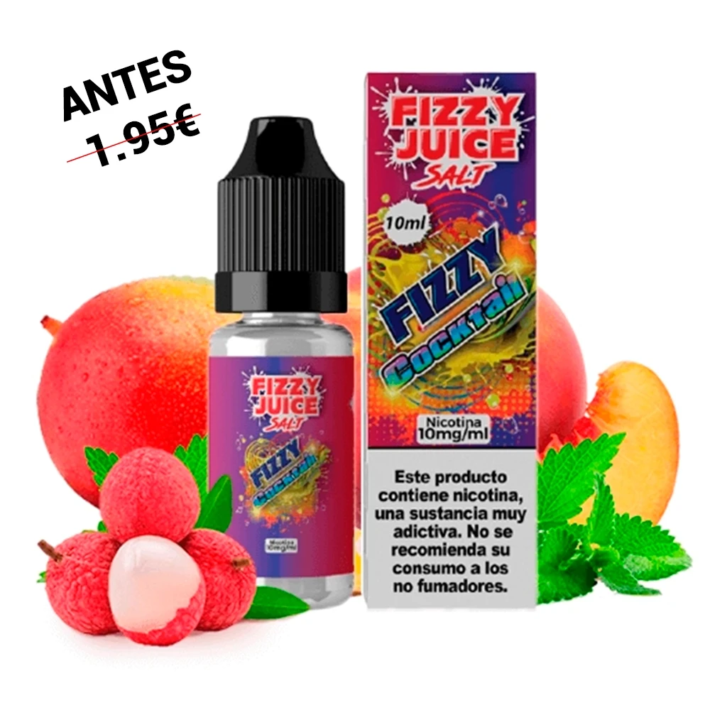 Frasco y caja de Fizzy Juice Salts Cocktail de 10 ml y 10 mg/ml, rodeados de frutas y hojas verdes sobre fondo blanco.