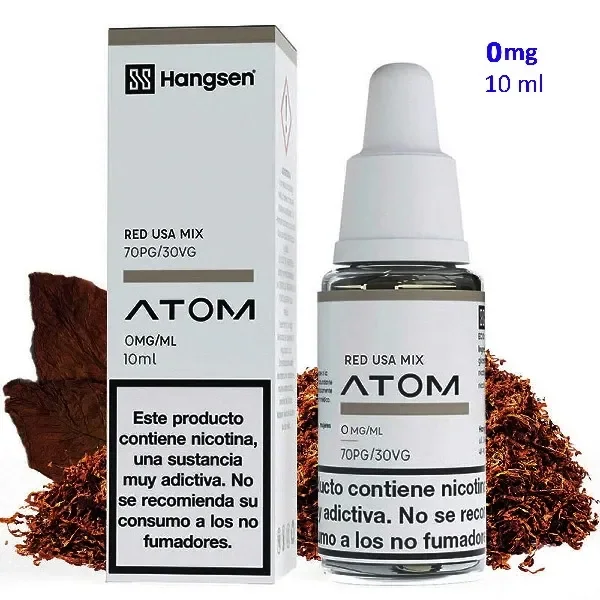 Caja y frasco Red USA Mix Hangsen Atom de 10 ml, con etiquetas de 0 mg/ml y 70PG/30VG, junto a hojas de tabaco.