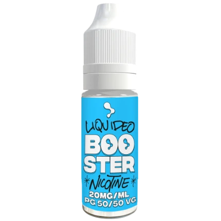 Frasco Nicokit Liquideo con tapón blanco y etiqueta azul que indica Booster Nicotine, 20 mg/ml y PG 50/50 VG, sobre fondo negro.