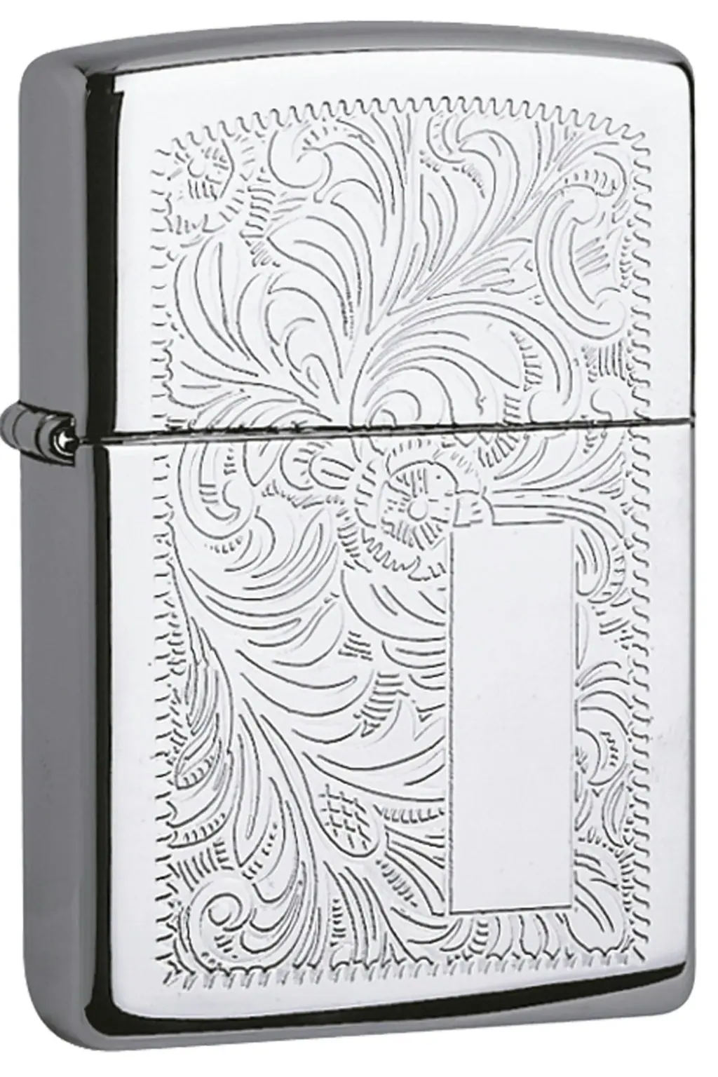 Encendedor Zippo 352 Venetian cromado, cerrado, con motivos curvos grabados y un recuadro liso vertical en el frontal.