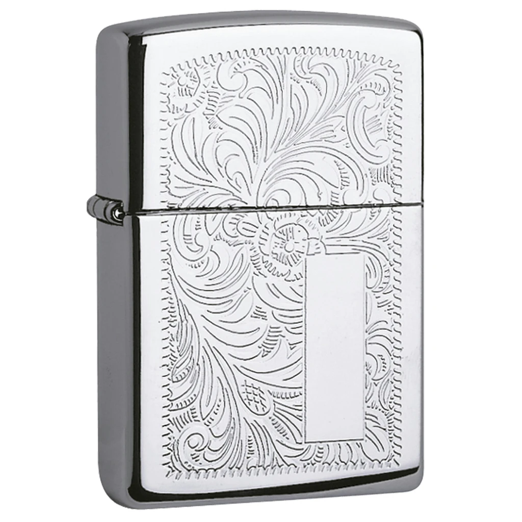 Encendedor Zippo 352 Venetian cromado, cerrado, con motivos curvos grabados y un recuadro liso vertical en el frontal.
