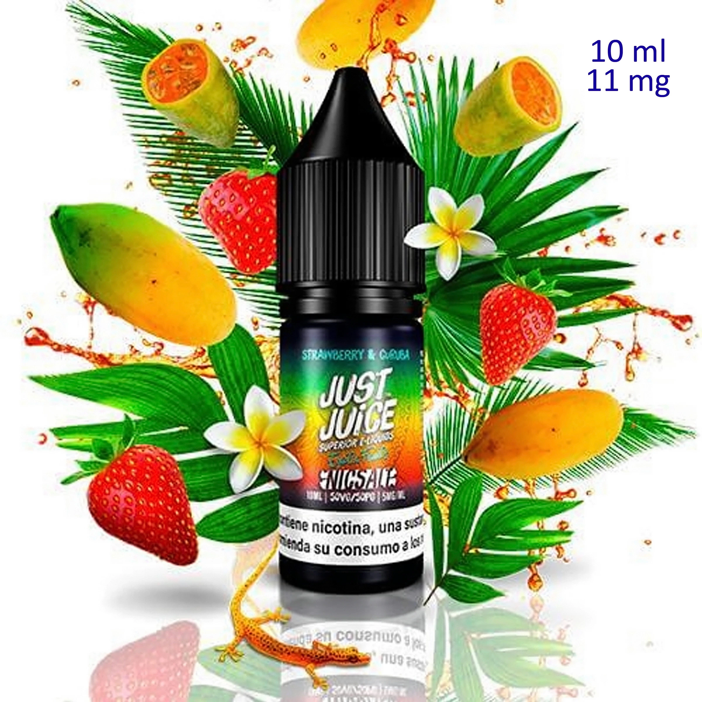 Frasco Just Juice Strawberry Curuba con tapón negro, rodeado de fresas, frutas tropicales y hojas; texto «10 ml, 11 mg».
