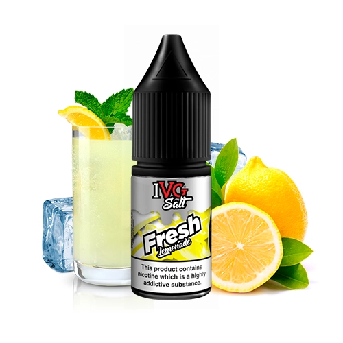 Frasco de IVG Salts Fresh Lemonade con tapón negro, acompañado de limones, hielo y un vaso de bebida clara con hojas verdes.