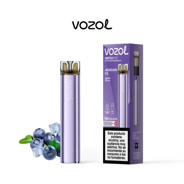 Vozol Switch Pro Arándano Ice de color lila junto a su caja con advertencia de nicotina, arándanos y cubitos de hielo.