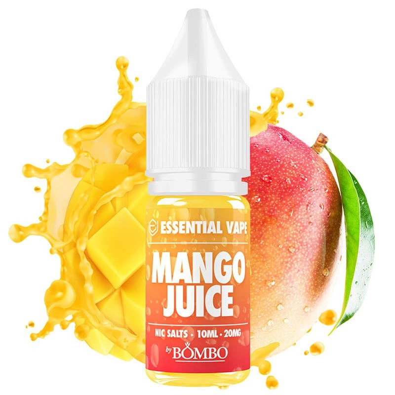 Frasco Mango Juice Essential Vape by Bombo con tapón blanco y etiqueta de 10 ml y 20 mg, ante un mango y una salpicadura amarilla.