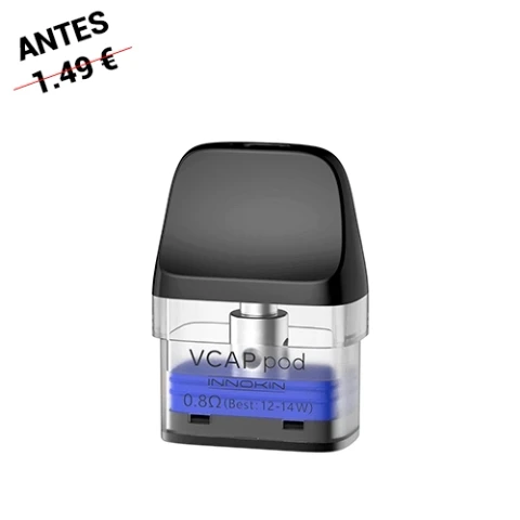 Cartucho Innokin VCAP transparente con boquilla negra y base marcada en azul con 0,8 Ω y potencia recomendada de 12–14 W.