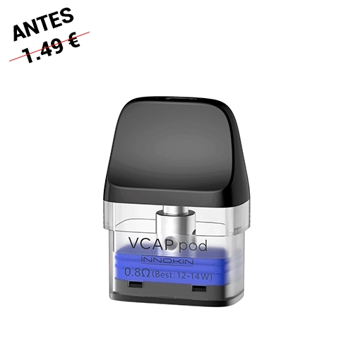 Cartucho Innokin VCAP transparente con boquilla negra y base marcada en azul con 0,8 Ω y potencia recomendada de 12–14 W.