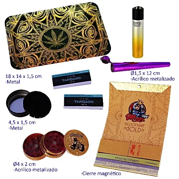 Selección de accesorios de fumador: bandeja negra con motivos dorados, encendedor, tubo morado, papeles TarGard, recipientes y librillo dorado. Selección de accesorios de fumador: bandeja negra con motivos dorados, encendedor, tubo morado, papeles TarGard, recipientes y librillo dorado.