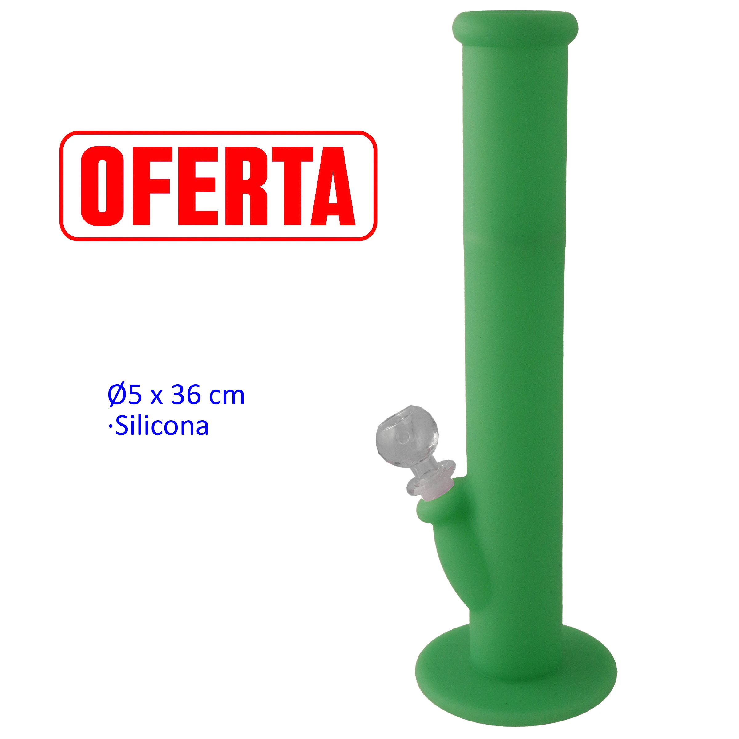 Bong verde de tubo recto, base circular y pipeta de cristal transparente en un lateral, sobre fondo blanco con el rótulo «OFERTA».