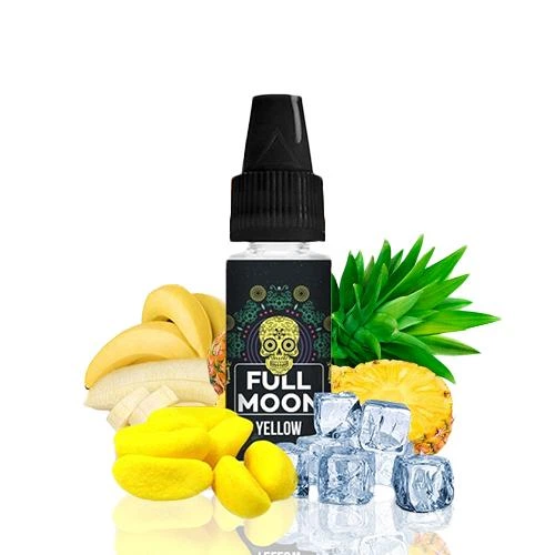 Frasco Full Moon Yellow con tapón negro y etiqueta de calavera, acompañado de plátano, piña, piezas amarillas y cubitos de hielo.