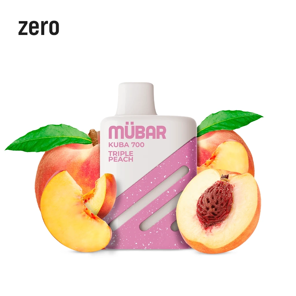 Vaper Mübar Kuba 700 Triple Peach blanco y rosa, rodeado de melocotones enteros y cortados, con la palabra «zero» sobre fondo blanco.