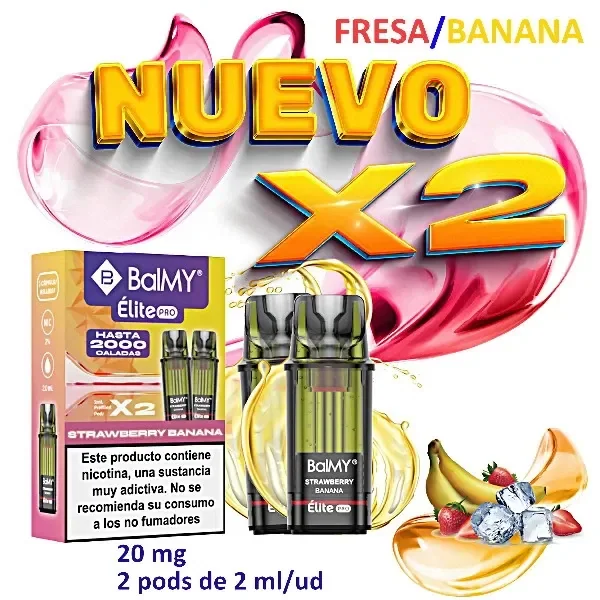 Recambios BALMY ÉLITE PRO Strawberry Banana junto a su caja, fresas, plátano y hielo; el anuncio indica 20 mg y 2 pods de 2 ml.