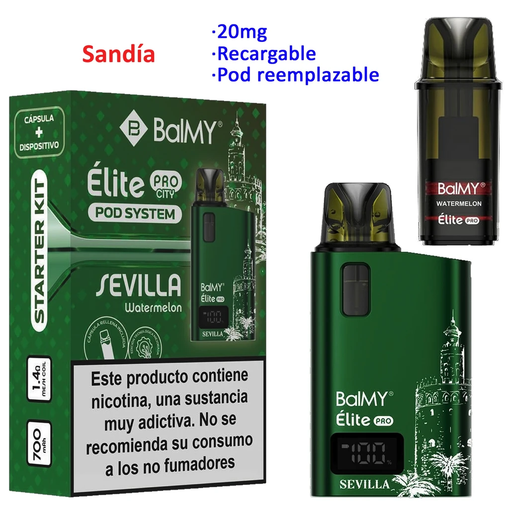Kit BALMY ÉLITE PRO Watermelon verde con caja y pod separado; aparecen los textos 20 mg, recargable y pod reemplazable.
