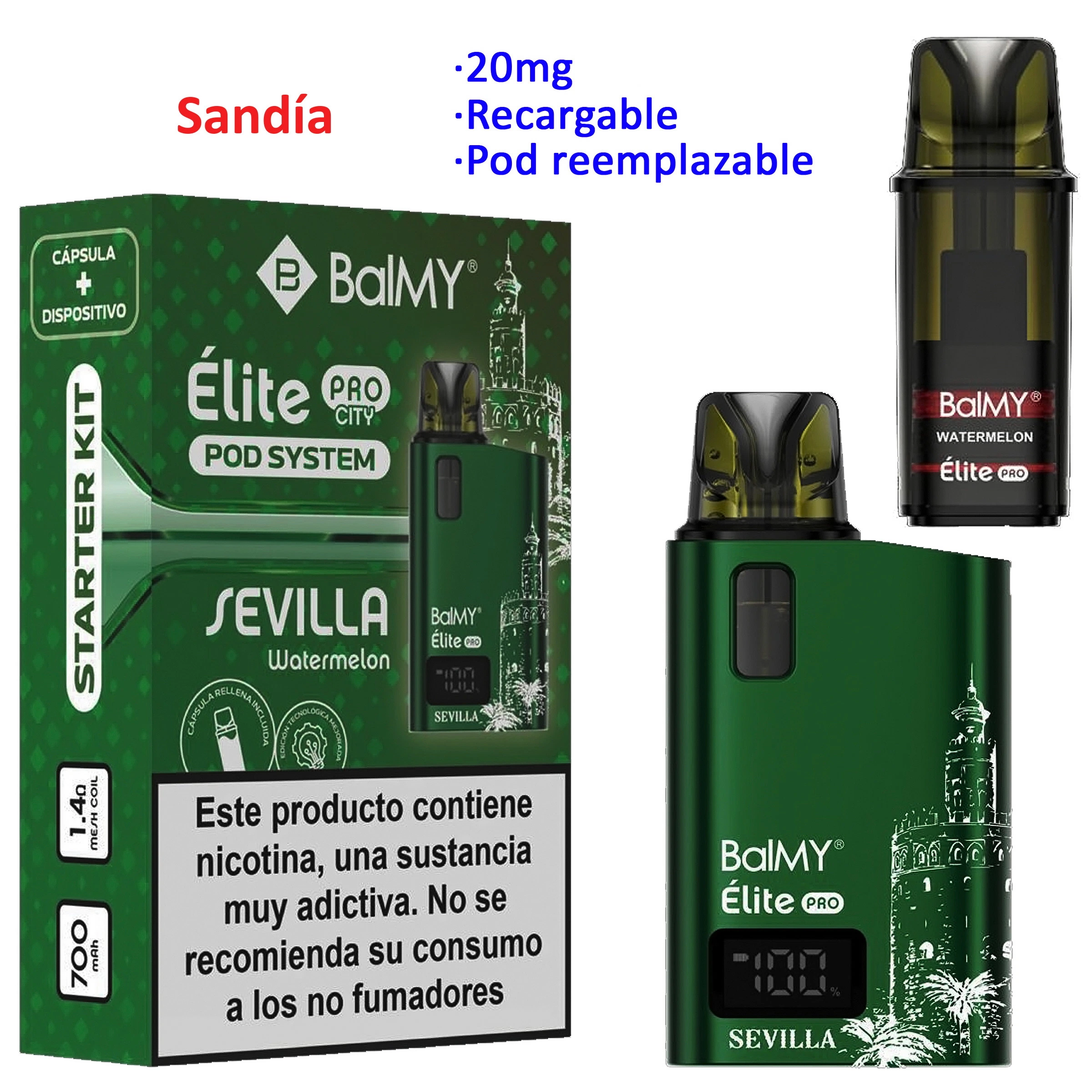 Kit BALMY ÉLITE PRO Watermelon verde con caja y pod separado; aparecen los textos 20 mg, recargable y pod reemplazable.