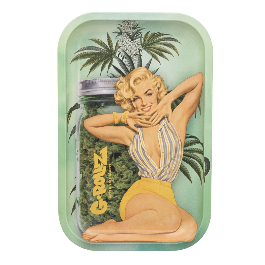 Bandeja G-Rollz Marilyn #2 verde, con ilustración de una mujer rubia en pose pin-up, un tarro con cogollos y hojas de cannabis.