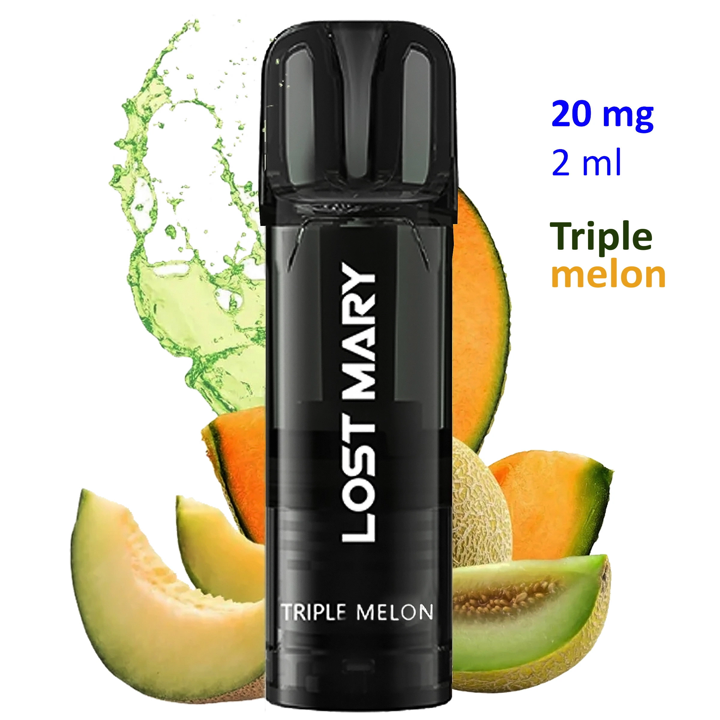 Pod negro Lost Mary Triple Melon rodeado de rodajas de melón y una salpicadura verde; al lado se lee 20 mg y 2 ml.