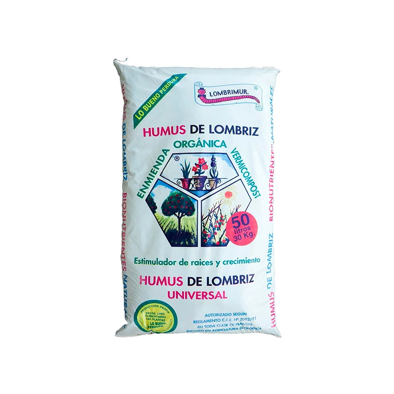 Saco de humus de lombriz Lombrimur, con ilustraciones de plantas y árboles y etiqueta de 50 litros y 30 kg sobre fondo blanco.